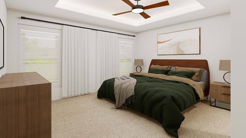 a bedroom with a bed and a ceiling fan